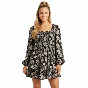 Mille Smocked‎ Babydoll Mini Dress Sz S Milkmaid Puff Sleeve Black Floral NWT